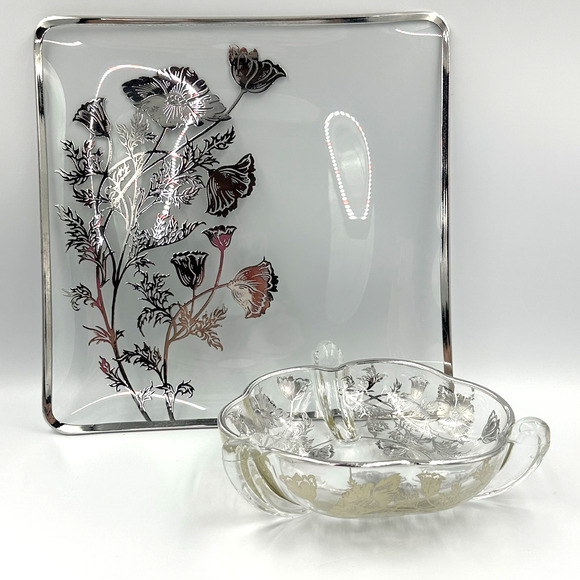Vintage 50s Silver City Sterling Overlay Poppy Floral Serving Platter Candy Dish - Picture 5 of 13